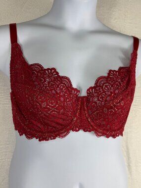 Bravissimo Bra size 34H red lace underwire tan lining back closure